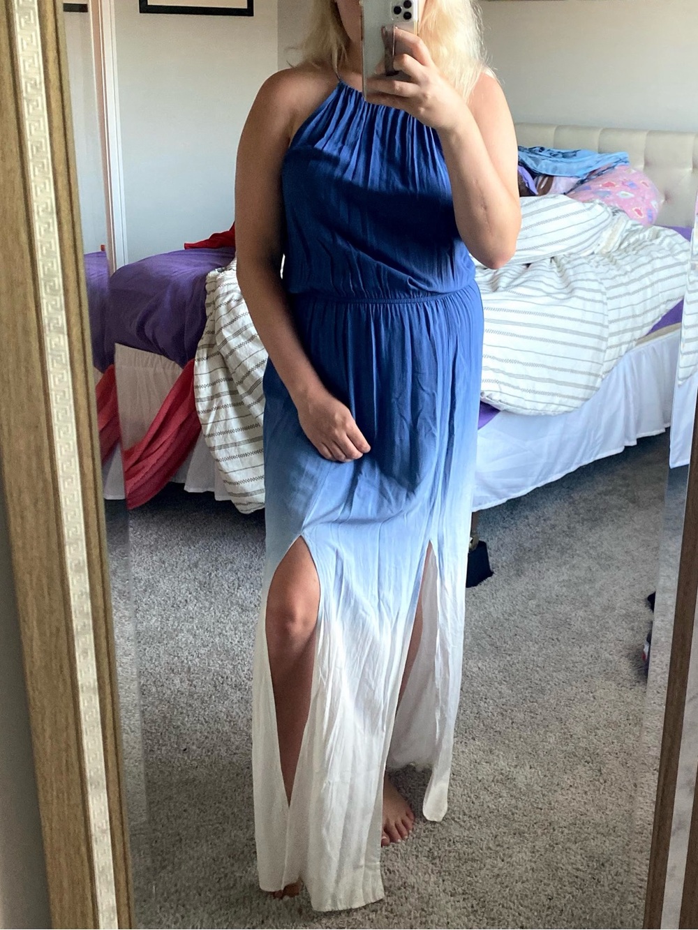 Blue Ombre Halter Maxi Dress with Front Slits